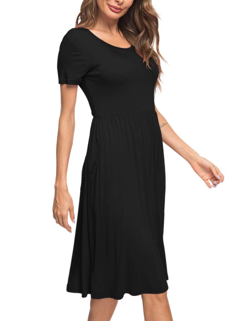 AUSELILY Women's Short Sleeve Empire Waist Dress Pleated Loose Swing Knee Length Dresses with Pockets 2026 New Black S - Image 4